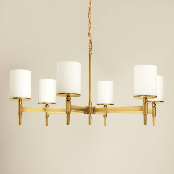 Picture of STRATTON CHANDELIER, BRASS, 6 LIGHTS, WITH OPALINE GLASS SHADES