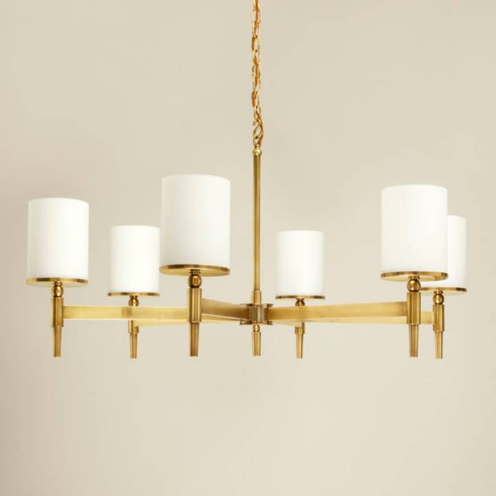 Picture of STRATTON CHANDELIER, BRASS, 6 LIGHTS, WITH OPALINE GLASS SHADES
