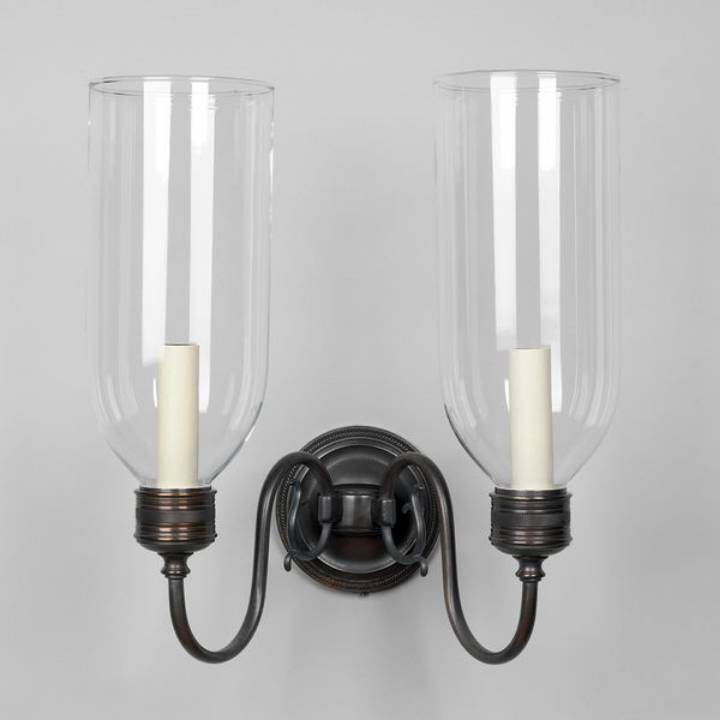 Picture of EARLY GEORGIAN STORM WALL LIGHT, 2 ARM, BRONZE, GLASS SHADE