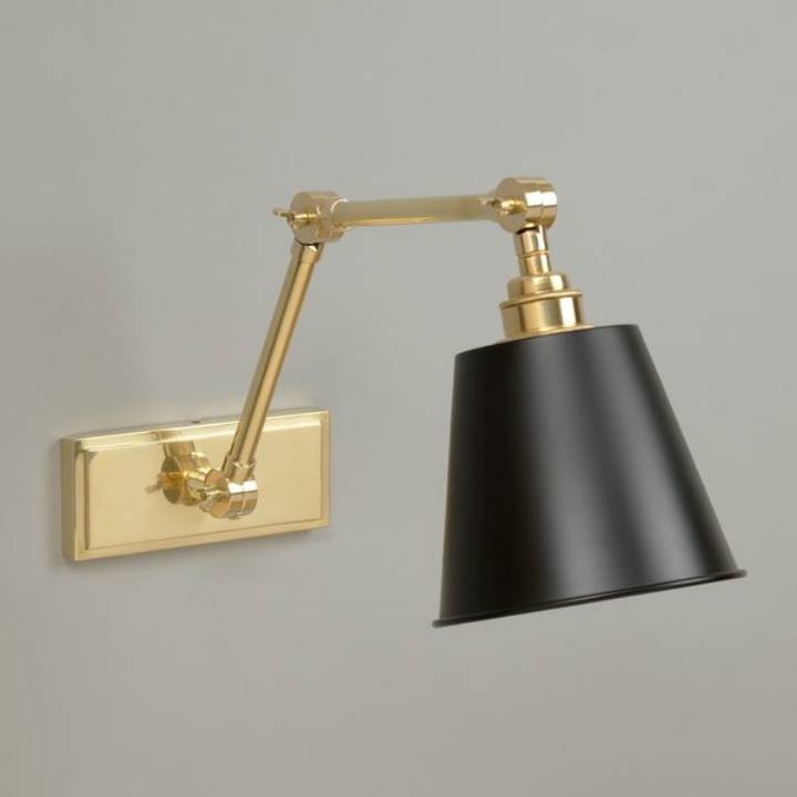 Picture of NEWBURY WALL LIGHT, SHORT ARM, HORIZONTAL BACK PLATE, BLACK SHADE, BRASS