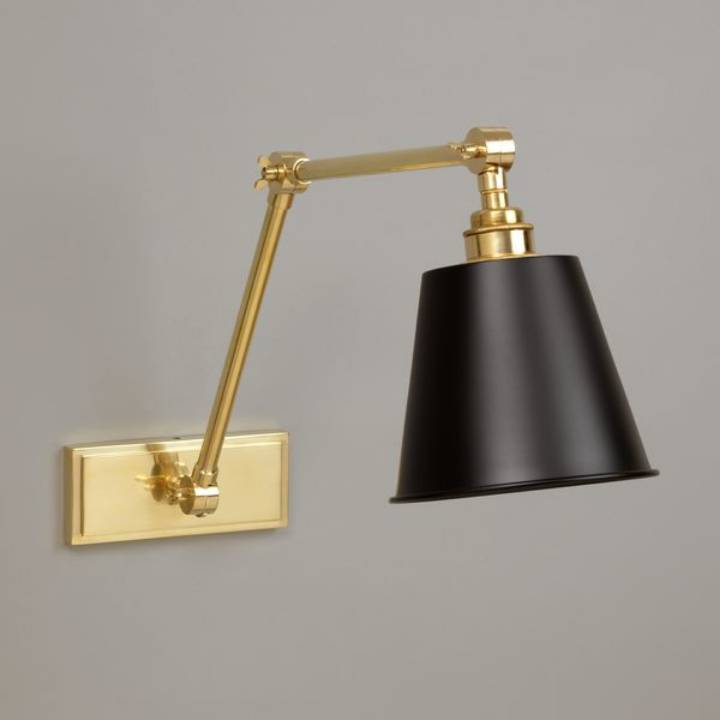 Picture of WESTPORT WALL LIGHT, LONG ARM, HORIZONTAL BACK PLATE, BLACK SHADE, BRASS