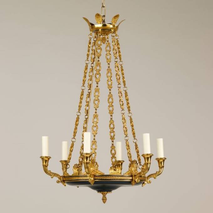 Picture of SERRANT EMPIRE CHANDELIER, SMALL, GILT BRASS, BLACK, 6 LIGHT