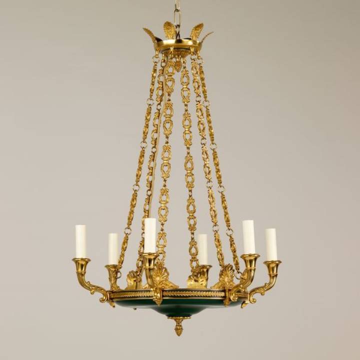 Picture of SERRANT EMPIRE CHANDELIER, SMALL, GILT BRASS, DK GREEN, 6 LI