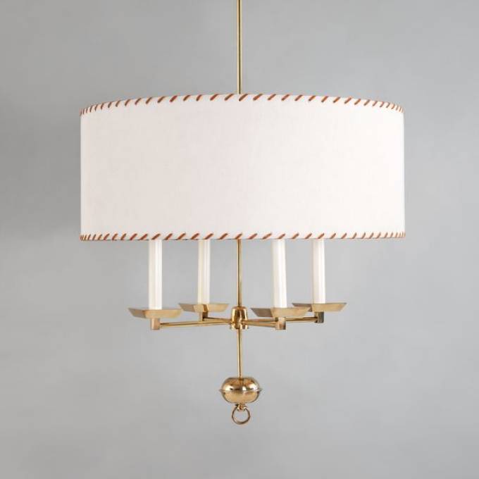 Picture of BEAUCHAMP BOUILLOTTE HANGING LIGHT, BRASS, WITH LEATHER THREADED LINEN SHADE