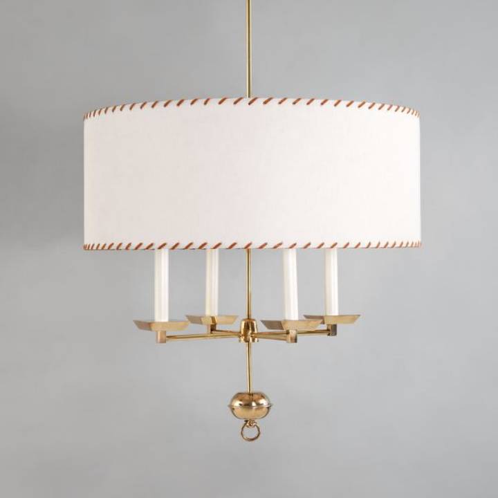 Picture of BEAUCHAMP BOUILLOTTE HANGING LIGHT, BRASS, WITH LEATHER THREADED LINEN SHADE