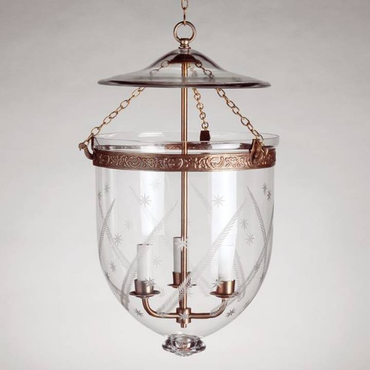 Picture of GLASS GLOBE LANTERN, MEDIUM, STARS, BRASS, 3 LIGHTS