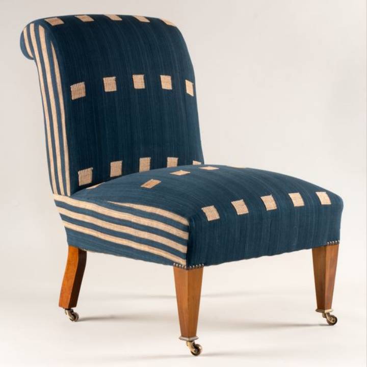 Picture of JOSEPH SLIPPER CHAIR, STRAIGHT LEG, TRIBAL COLLECTION, BEIGE SQUARES, INDIGO ANTIQUE LINEN BACK