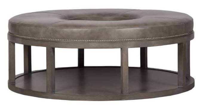 Picture of WAYLAND LEATHER ROUND WOOD OTTOMAN