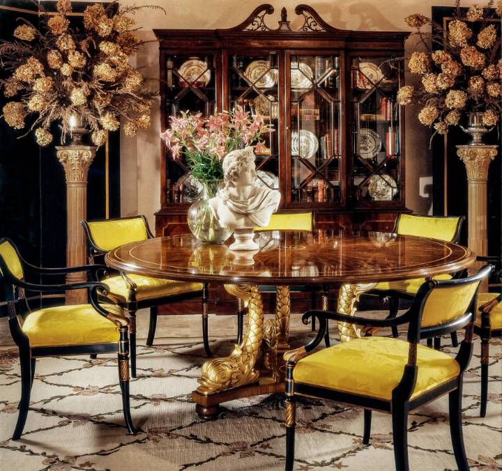 Picture of CLARO WALNUT REGENCY DINING TABLE WITH DOLPHIN PEDESTALS AND STAR INLAY -72"