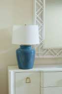Picture of AKSEL LAMP WITH SHADE 17-INCH WHITE LINEN, WITH GOLD, CRUISE TEAL