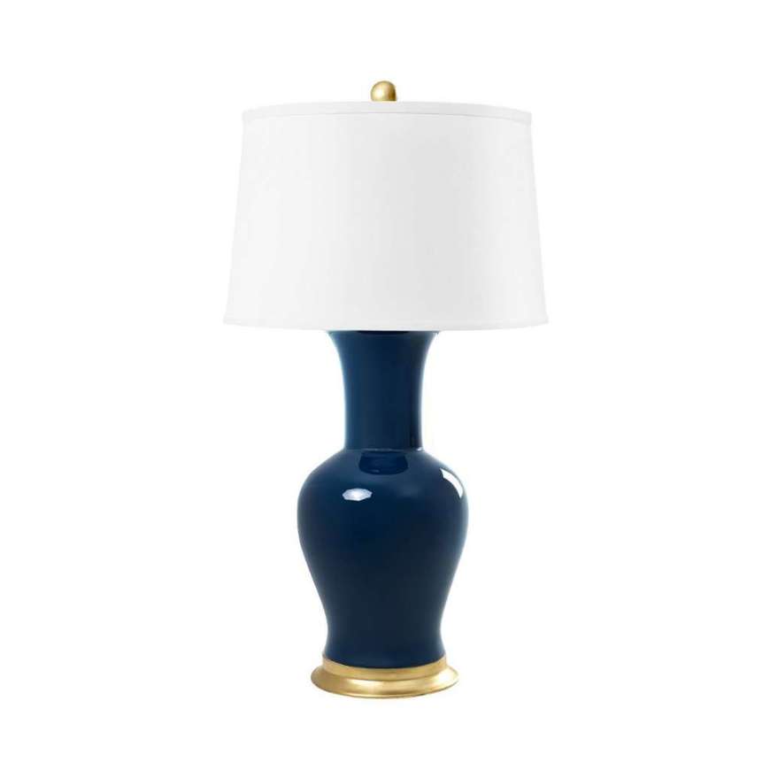 Picture of ACACIA LAMP WITH SHADE 17-INCH WHITE LINEN, WITH GOLD, NAVY BLUE