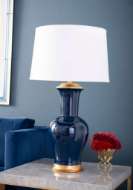 Picture of ACACIA LAMP WITH SHADE 17-INCH WHITE LINEN, WITH GOLD, NAVY BLUE